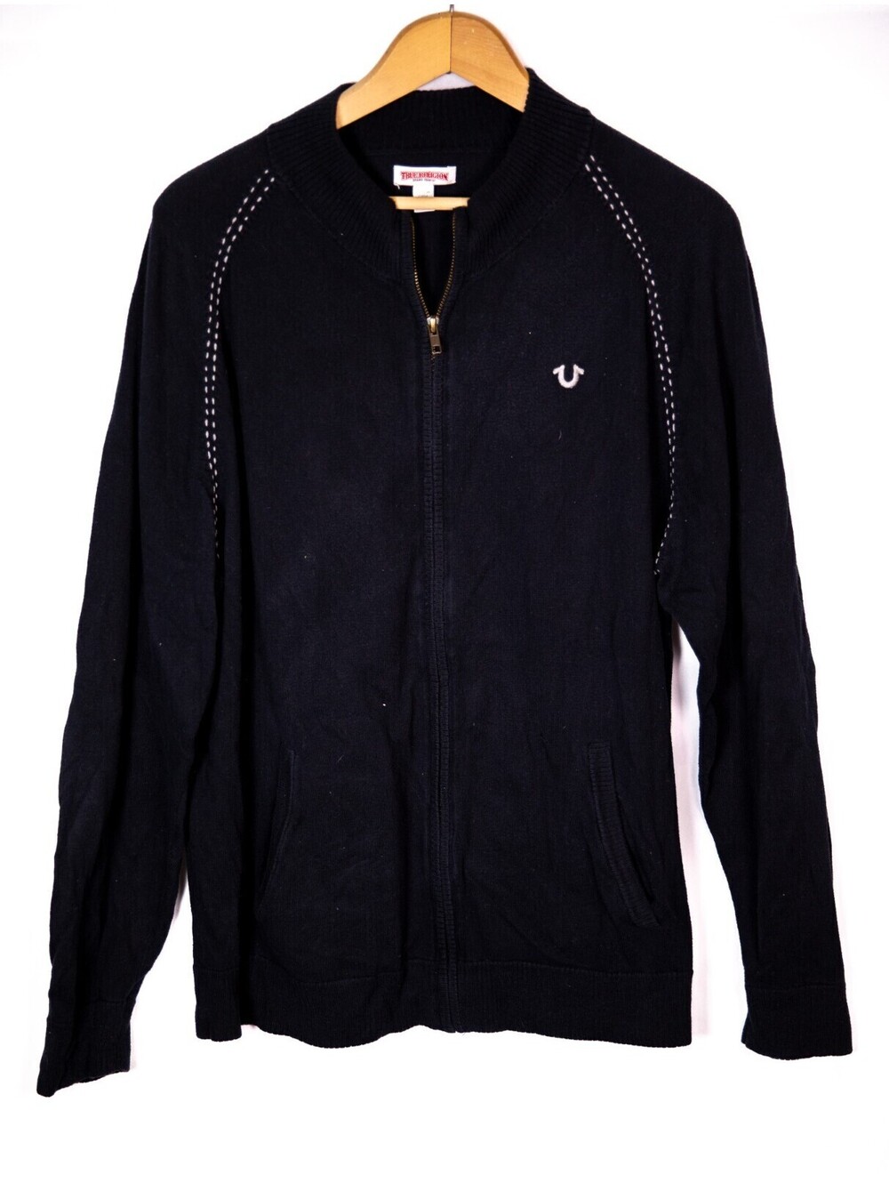 True Religion Sweater QT Black Brown Basting Cashmere Blend Full Zip Men's 2XL